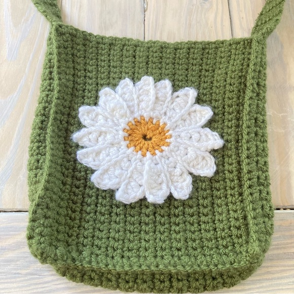SUNFLOWER Army Green Crochet Mini Tote Bag 6 x 8.5 x 2 inches - Picture 3 of 8